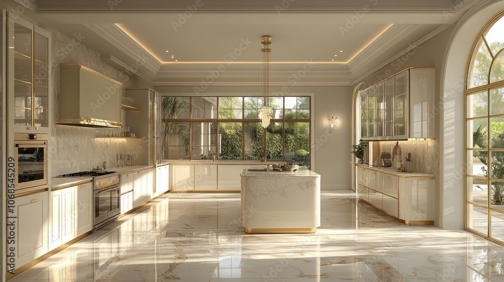 Modern White Kitchen with Gold Accents and Marble Flooring Modern White Kitchen with Gold Accents and Marble Flooring