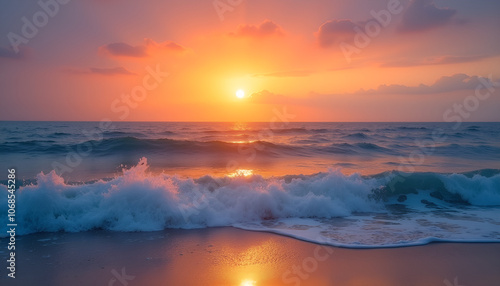 Stunning sunset over ocean waves, vibrant colors, serene beach atmosphere, tranquil seascape