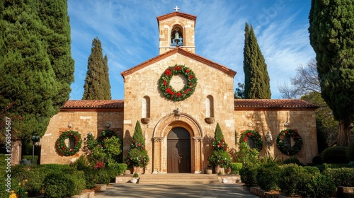 Historic Mediterranean church with holiday wreaths, symbolizing December peaceful charm