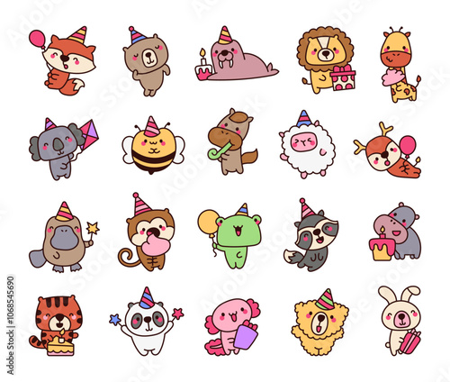 Cute kawaii cartoon animal characters for birthday and party celebration illustrations with fun hats and gifts