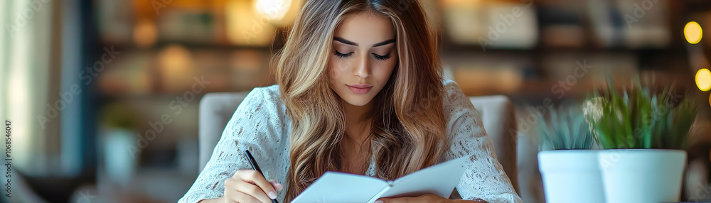 Photo Focused Woman Writing Notebook Cafe Restaurant Photo Focused Woman Writing Notebook Cafe Restaurant