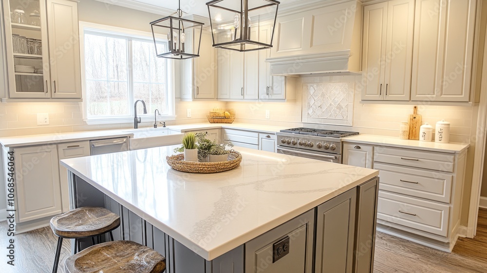 White Kitchen with Island, Stainless Steel Appliances, and Farmhouse Decor White Kitchen with Island, Stainless Steel Appliances, and Farmhouse Decor