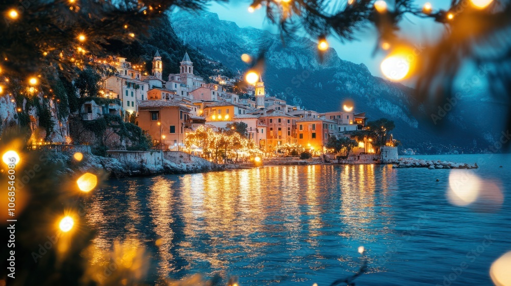 Holiday lights reflecting on a Mediterranean bay, symbolizing festive December nights Holiday lights reflecting on a Mediterranean bay, symbolizing festive December nights