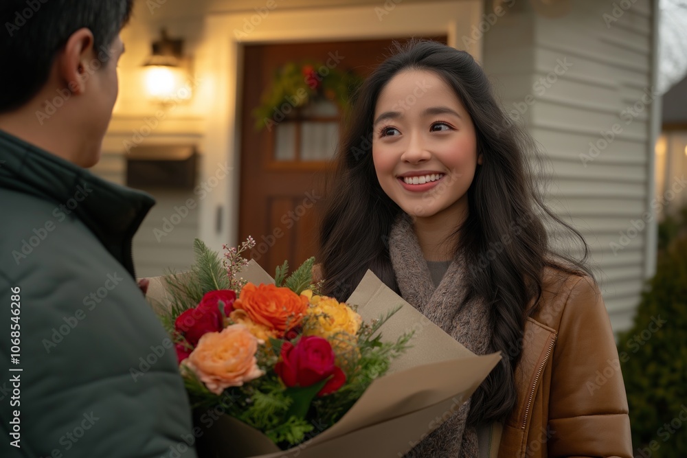 A smiling woman receives a bouquet of flowers outdoors, standing in front of a welcoming home A smiling woman receives a bouquet of flowers outdoors, standing in front of a welcoming home