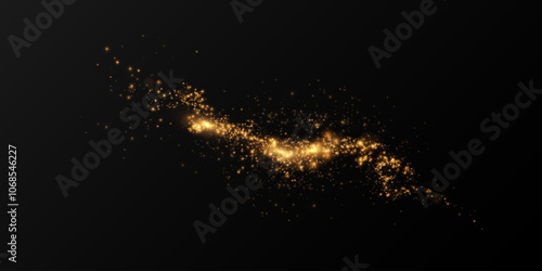 Festive gold light line. With fine particles of stardust, a golden ribbon winds around a dark background with a fine sprinkling of stars. curved light line, rope, ribbon. 
