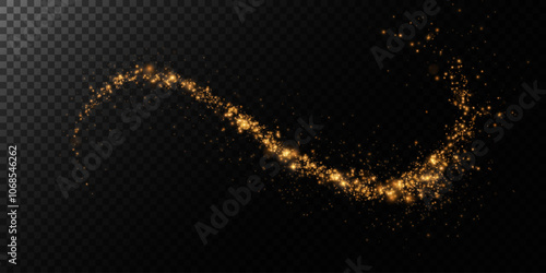 Festive gold light line. With fine particles of stardust, a golden ribbon winds around a dark background with a fine sprinkling of stars. curved light line, rope, ribbon. 
