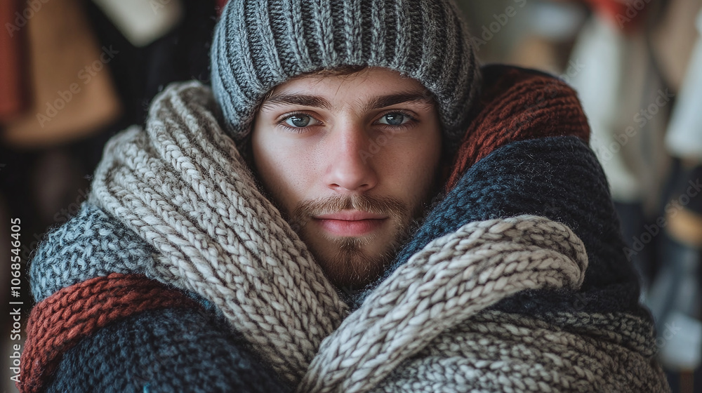 Close-up of a man wearing multiple knitted scarves and a beanie, highlighting warmth and winter fashion in a cozy indoor setting. Close-up of a man wearing multiple knitted scarves and a beanie, highlighting warmth and winter fashion in a cozy indoor setting.