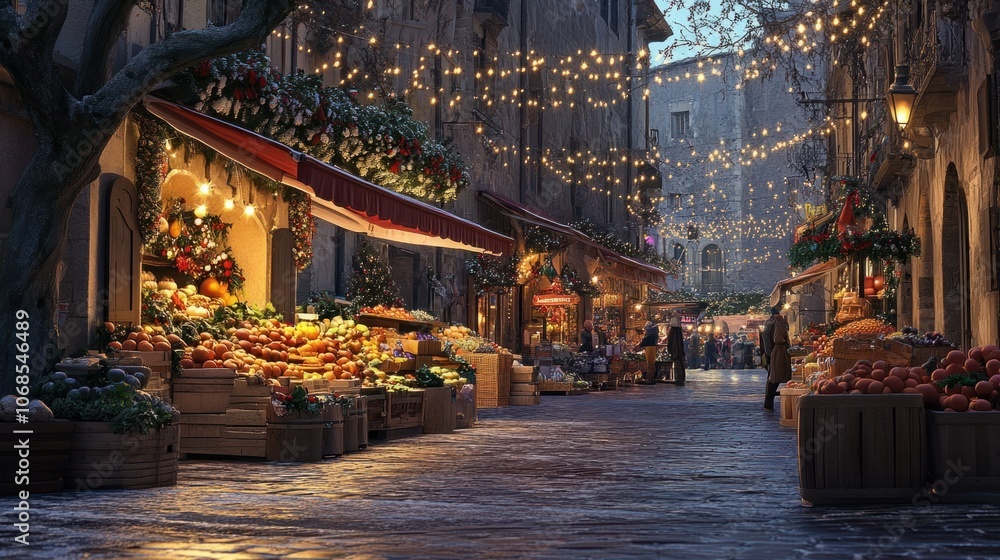 Market square with holiday lights and fresh produce in a Mediterranean town, capturing December charm Market square with holiday lights and fresh produce in a Mediterranean town, capturing December charm