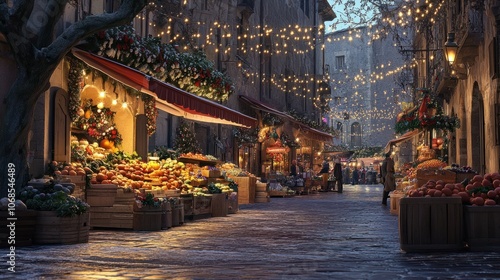 Market square with holiday lights and fresh produce in a Mediterranean town, capturing December charm