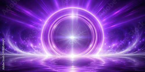 A Glowing Portal to the Unknown A circular, luminous gateway with a radiant star-like center, framed by a shimmering purple expanse and a reflective surface.