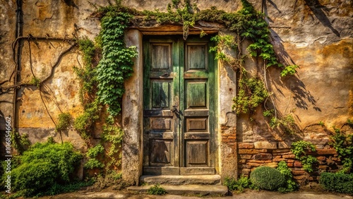 A weathered wooden door framed by stone and ivy, bathed in golden sunlight, whispers tales of bygone times.