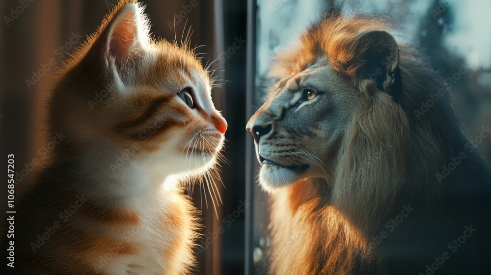 Fototapeta premium A cute kitten looking in the mirror and seeing an elegant lion reflection