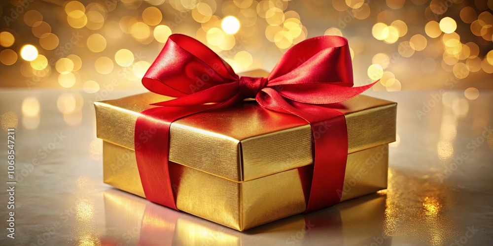 A golden gift box adorned with a crimson bow, reflecting the warmth of festive lights. A golden gift box adorned with a crimson bow, reflecting the warmth of festive lights.