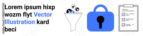 Funnel separating data, blue padlock indicating security, checklist on clipboard. Ideal for data privacy, cybersecurity, compliance, governance, filtering processes, security systems, productivity