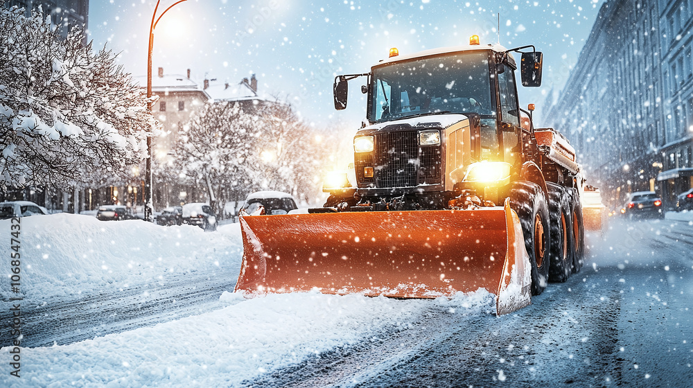 Large snowplow with orange blade clearing a snowy city street, working hard to keep roads safe and accessible during winter snowfall. Large snowplow with orange blade clearing a snowy city street, working hard to keep roads safe and accessible during winter snowfall.