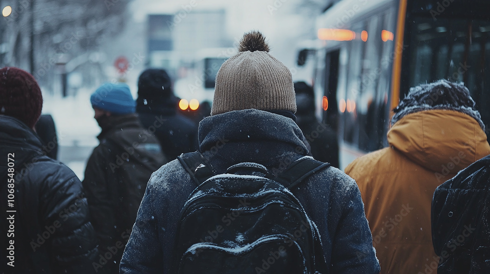 Group of people dressed in heavy winter clothing waits for a bus in snowy conditions, with visible frost on their hats and jackets, embodying urban winter life. Group of people dressed in heavy winter clothing waits for a bus in snowy conditions, with visible frost on their hats and jackets, embodying urban winter life.