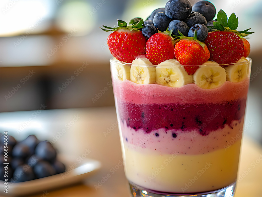 Photo Layered Dessert Strawberries Blueberries Banana Yogurt Photo Layered Dessert Strawberries Blueberries Banana Yogurt