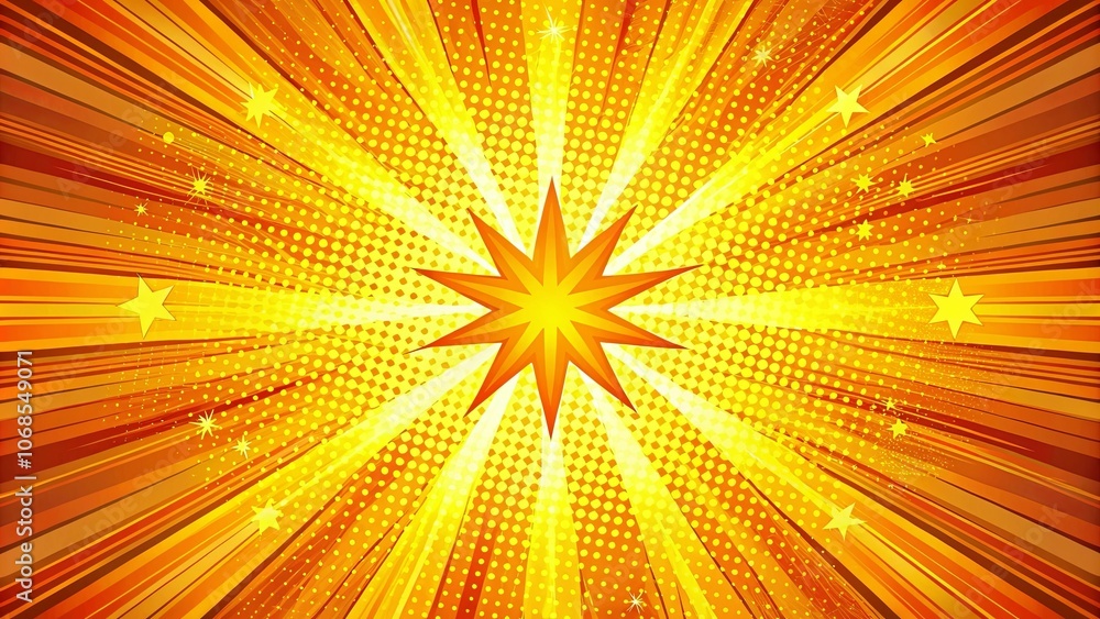Fototapeta premium A radiant starburst with a central star and a pattern of radiating lines and dots in vibrant shades of yellow and orange.