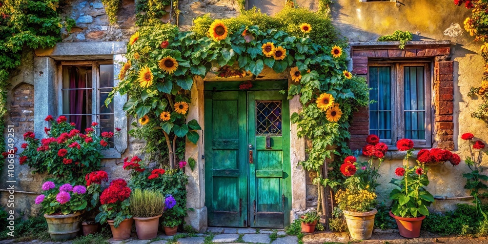 A quaint, rustic dwelling adorned with vibrant sunflowers and blooming flowers, creating a symphony of colors against the backdrop of a weathered stone facade and a charming green door. A quaint, rustic dwelling adorned with vibrant sunflowers and blooming flowers, creating a symphony of colors against the backdrop of a weathered stone facade and a charming green door.