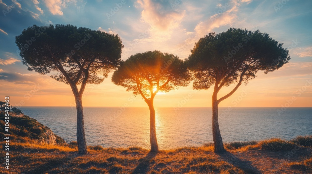 Pine trees by the sea in warm December light, symbolizing the unique Mediterranean winter vibe Pine trees by the sea in warm December light, symbolizing the unique Mediterranean winter vibe