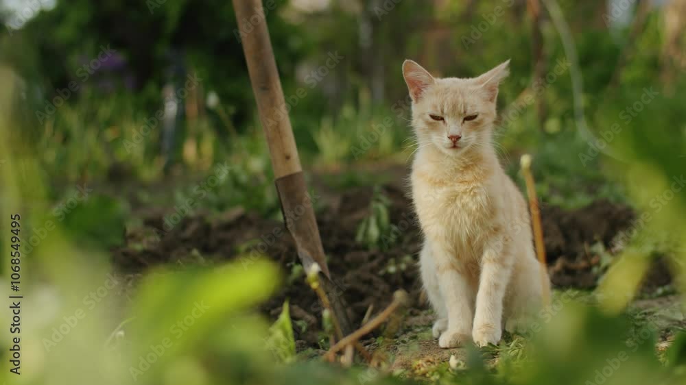 Orange tabby cat standing next to a garden shovel in a vegetable patch. Domestic animals and gardening concept for poster and lifestyle design.