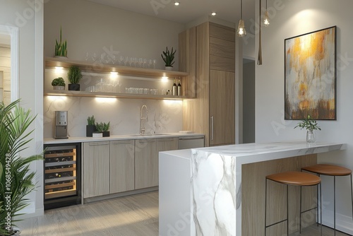 Modern Kitchen with Wine Cooler, Bar Stools, and Abstract Painting
