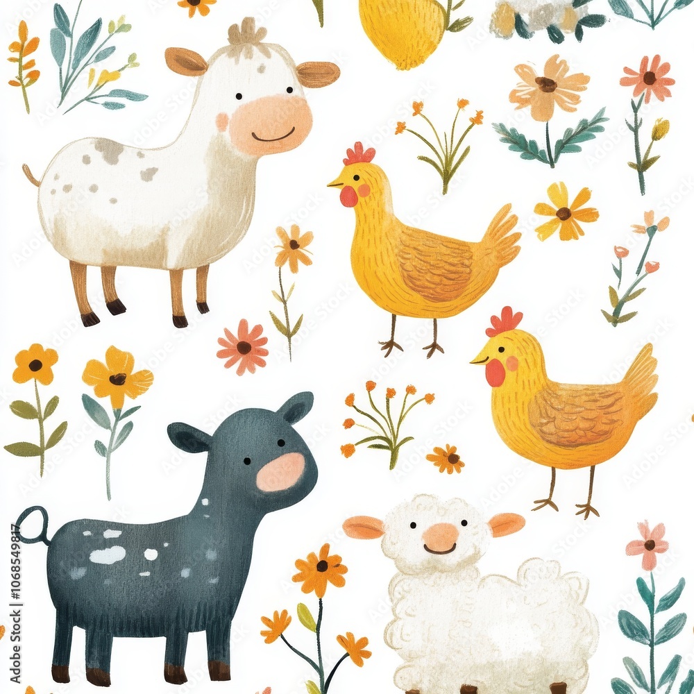 Naklejka premium Whimsical Farm Animals and Flowers Cartoon Illustration