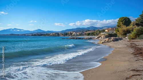 Quiet Mediterranean beach with gentle waves in December, capturing a warm winter scene