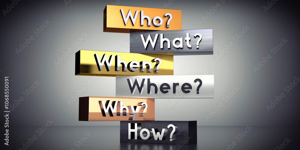 Who, what, when, where, why, how - words on metal blocks - 3D illustration