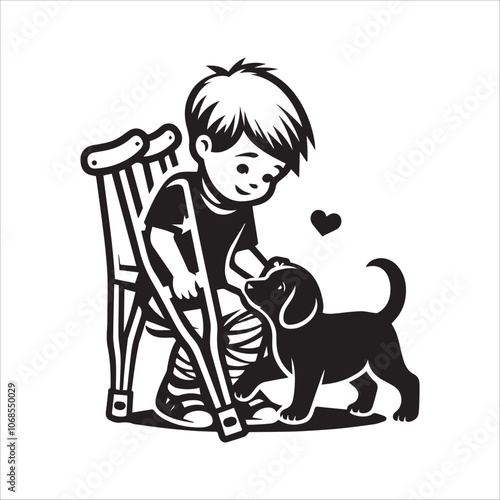 A Child with Crutches Finds Comfort and Friendship with a Playful Puppy. This heartwarming black and white illustration depicts a young child with crutches gently holding the paw of a small puppy.