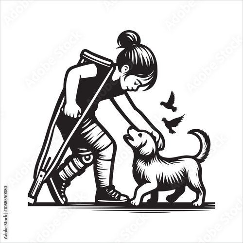 A Child with Crutches Finds Comfort and Friendship with a Playful Puppy. This heartwarming black and white illustration depicts a young child with crutches gently holding the paw of a small puppy.