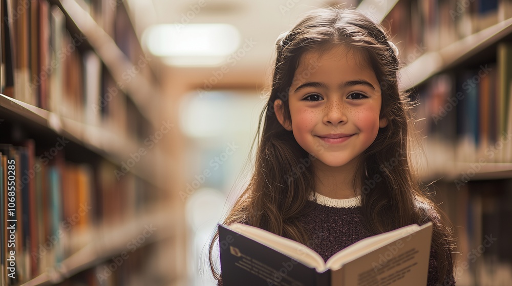 A young girl in a library, smiling while holding a book, symbolizing curiosity and learning. A young girl in a library, smiling while holding a book, symbolizing curiosity and learning.