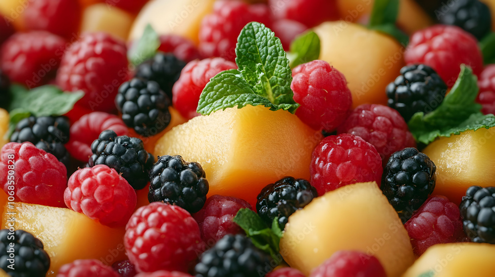 Obraz premium Photo Fresh Cantaloupe Raspberry Blackberry Mint Fruit Salad