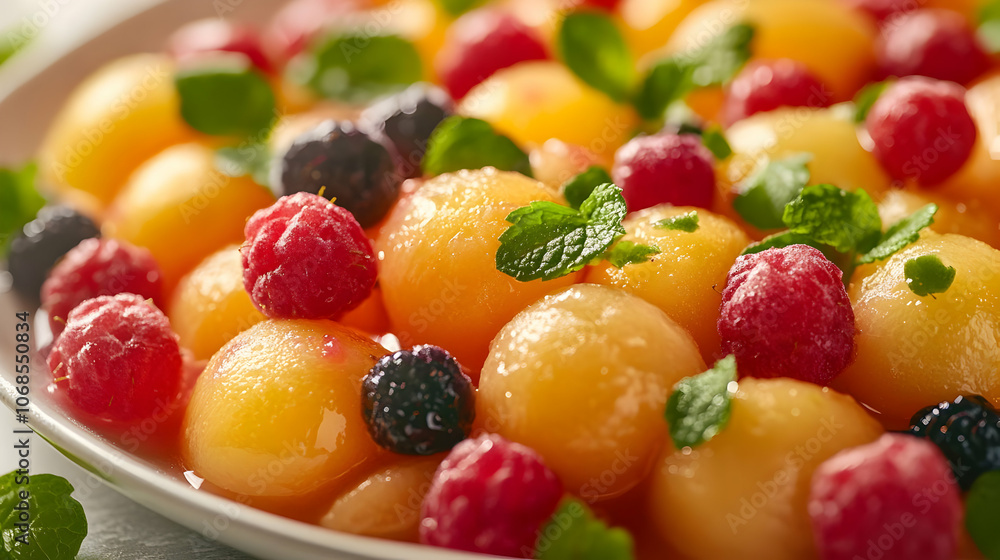 Photo Fresh Melon Raspberry Blackberry Mint Fruit Salad Photo Fresh Melon Raspberry Blackberry Mint Fruit Salad