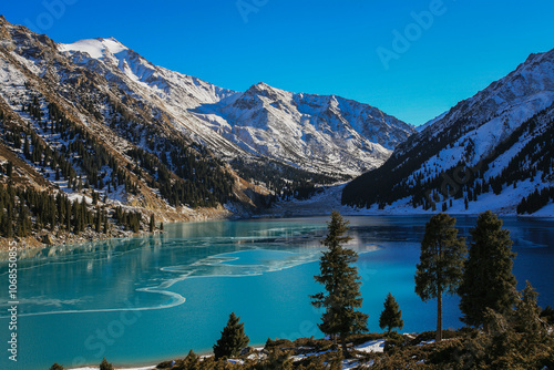 Big Almaty Lake is a high-mountain reservoir in the Trans-Ili Alatau at an altitude of 2510 meters above sea level, 15 kilometers south of the city of Almaty. photo