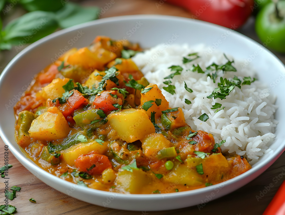 Photo, Vegetable Curry and Rice with Fresh Herbs Photo, Vegetable Curry and Rice with Fresh Herbs