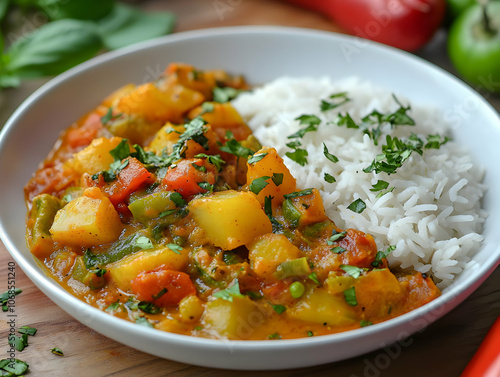 Photo, Vegetable Curry and Rice with Fresh Herbs