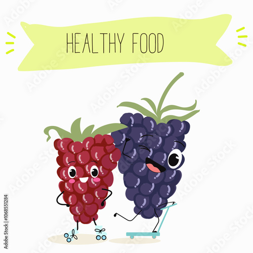 Cute  blackberry characters, funny fruits, berries, different activities. Flat vector illustration. Organic food, healthy food, illustrations for kids menu, invitations.