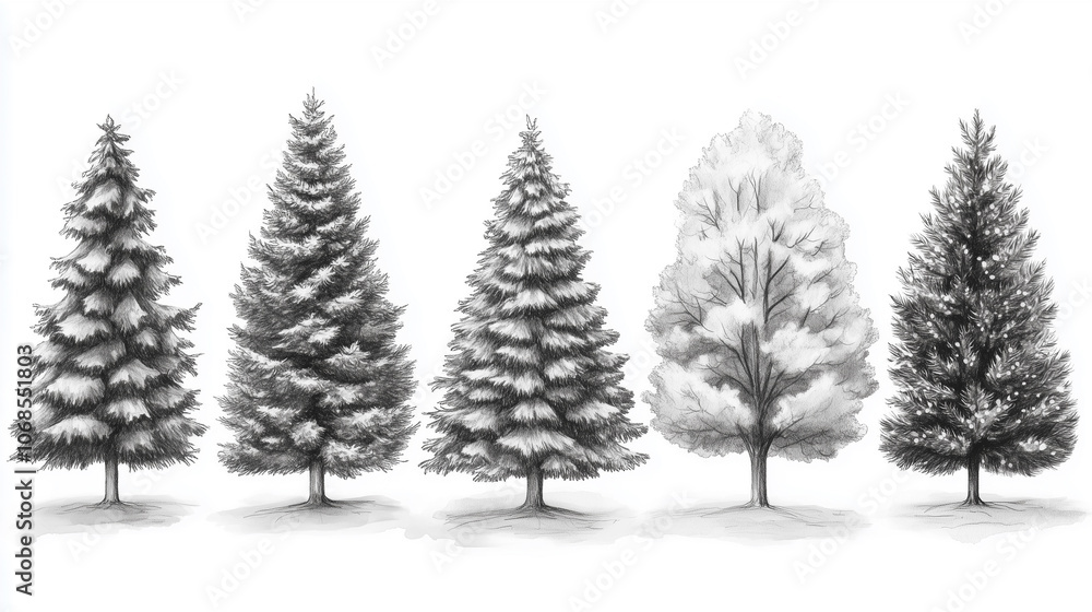 Hand-drawn Christmas trees showcasing different styles and textures for holiday decorations and festive inspiration Hand-drawn Christmas trees showcasing different styles and textures for holiday decorations and festive inspiration