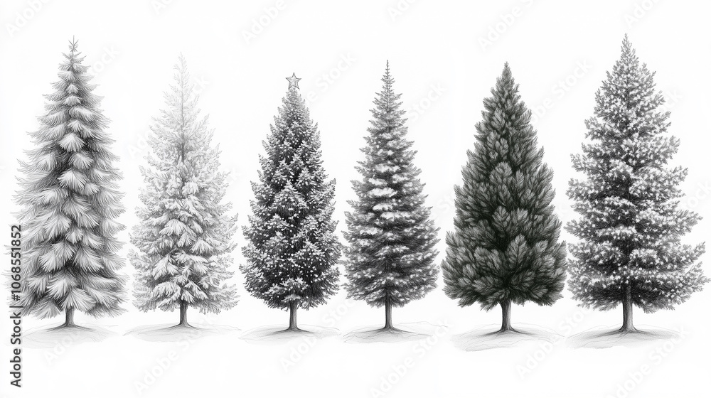 Hand-drawn Christmas trees in various styles and shapes showcasing winter decor for festive celebrations Hand-drawn Christmas trees in various styles and shapes showcasing winter decor for festive celebrations