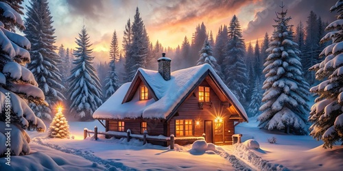 A Cozy Cabin Nestled Amidst a Snowy Forest at Twilight, With a Warm Glow Emitting From Its Windows and a Christmas Tree Shining Brightly in the Foreground.