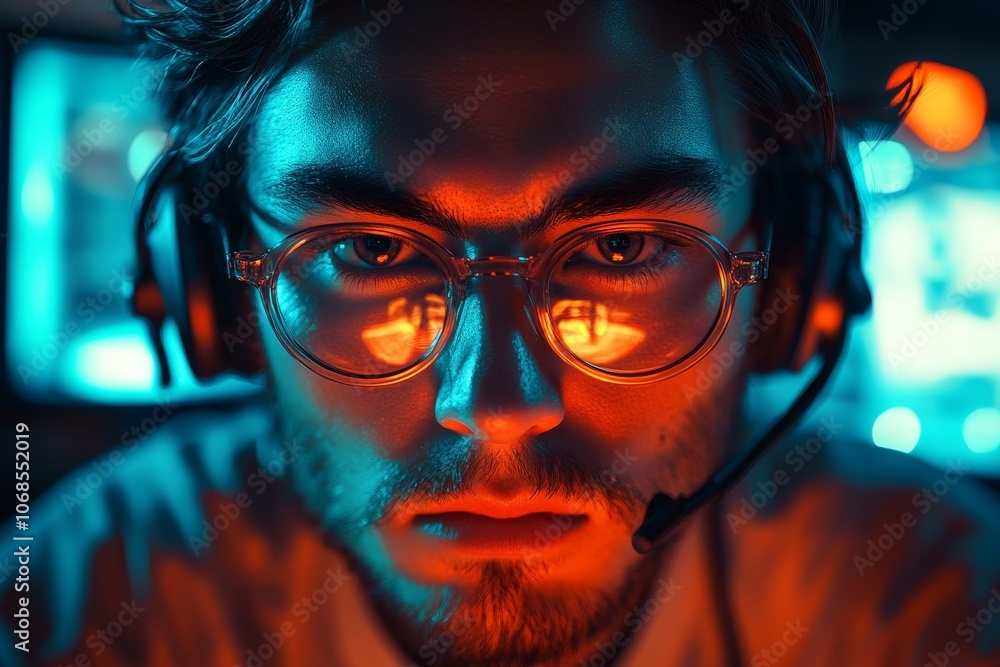 Professional esports gamer in a dark room with neon lights. Generative AI Professional esports gamer in a dark room with neon lights. Generative AI