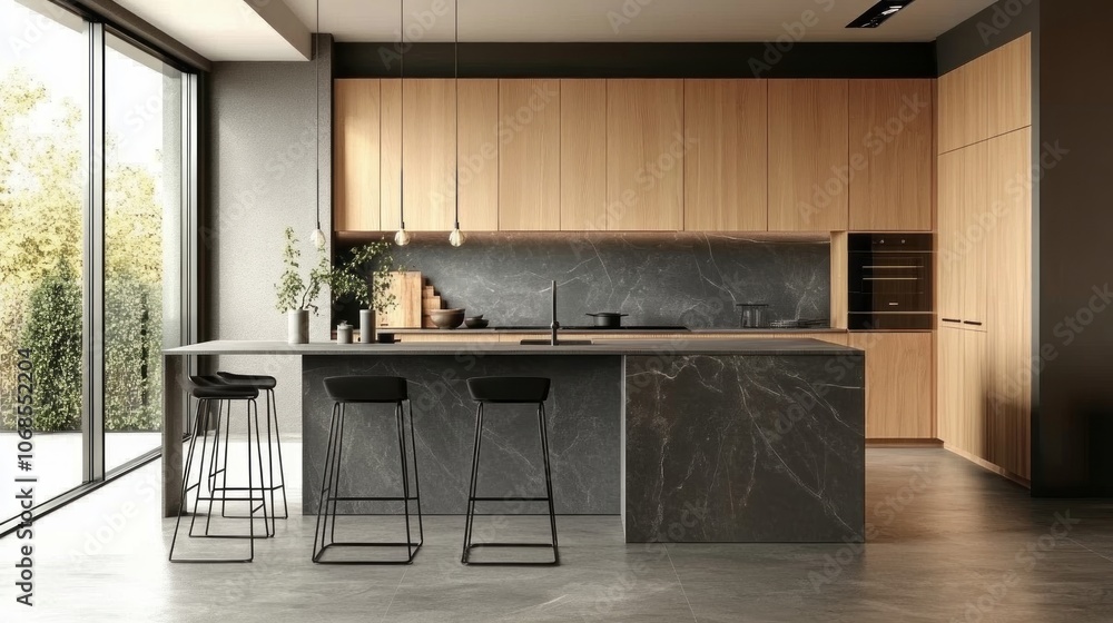 Modern Kitchen Island with Black Marble Countertop and Wooden Cabinets Modern Kitchen Island with Black Marble Countertop and Wooden Cabinets