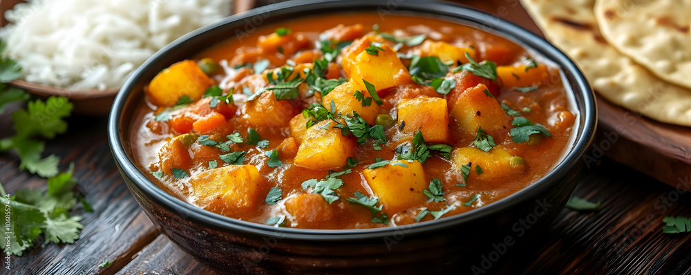 Photo Indian Potato Curry with Rice and Naan Bread Photo Indian Potato Curry with Rice and Naan Bread