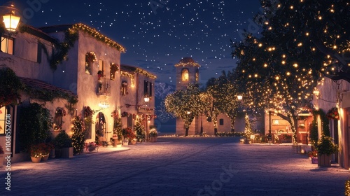 Town square with holiday decorations and festive lights in a Mediterranean village, celebrating December