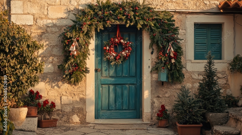 Traditional holiday wreath on a rustic door in a Mediterranean village, symbolizing December spirit Traditional holiday wreath on a rustic door in a Mediterranean village, symbolizing December spirit