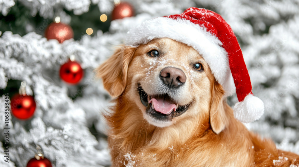 Happy Golden Retriever sits in front of a decorated Christmas tree with snowfall Happy Golden Retriever sits in front of a decorated Christmas tree with snowfall