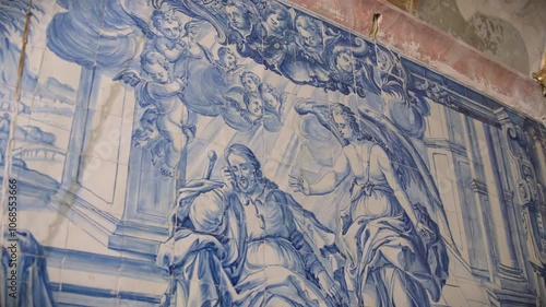 azulejo painting of the dream of saint joseph and archangel gabriel wide angle slow motion