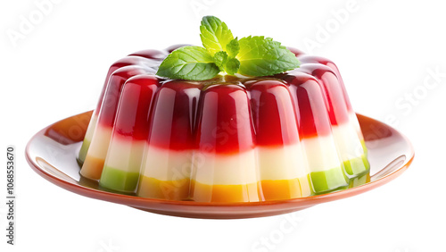 colorful  jelly pudding cake with min leaves isolated on transparent background