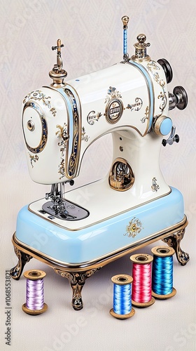 Antique Sewing Machine with Colorful Threads photo